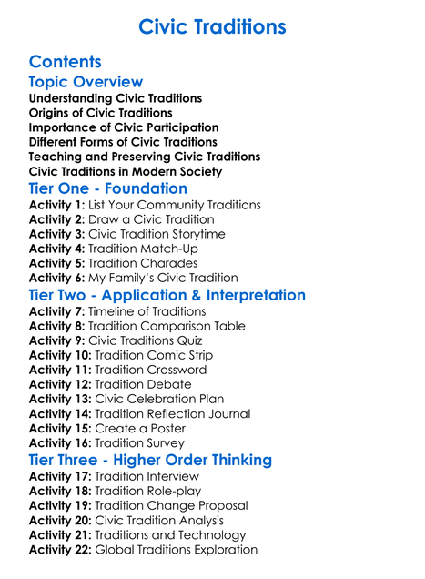 Civic Traditions Worksheet Activity Booklet