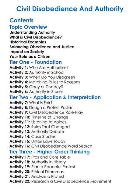 Civil Disobedience And Authority Worksheet Activity Booklet