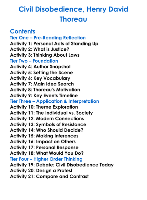 Civil Disobedience Henry David Thoreau Worksheet Activity Booklet