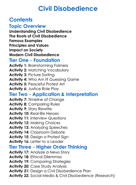 Civil Disobedience Worksheet Activity Booklet
