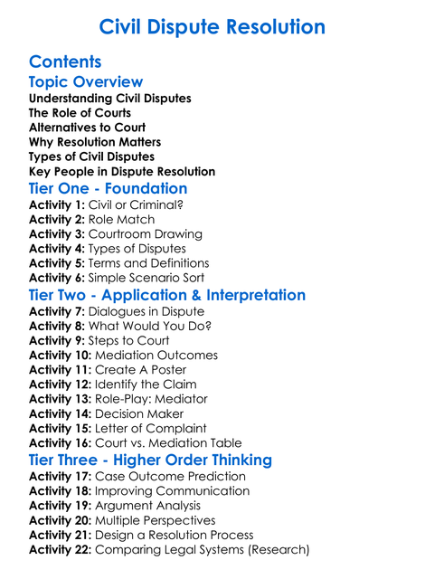 Civil Dispute Resolution Worksheet Activity Booklet