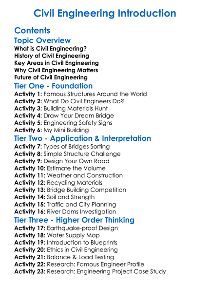 Civil Engineering Introduction Worksheet Activity Booklet