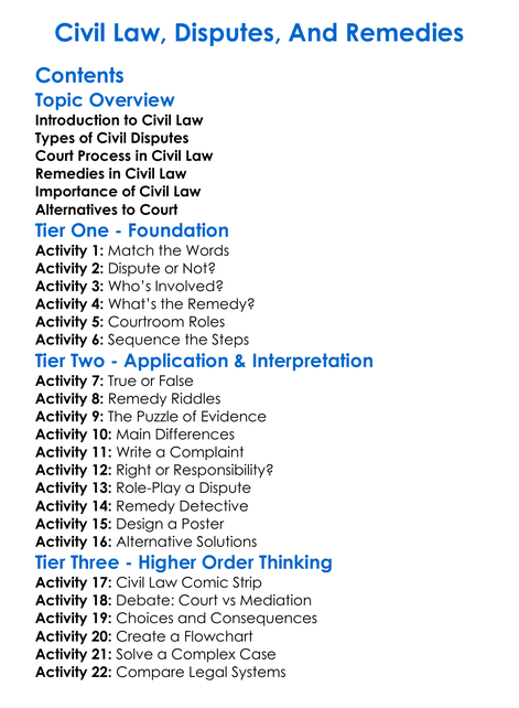 Civil Law Disputes And Remedies Worksheet Activity Booklet