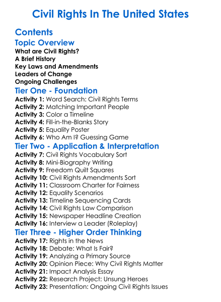 Civil Rights In The United States Worksheet Activity Booklet