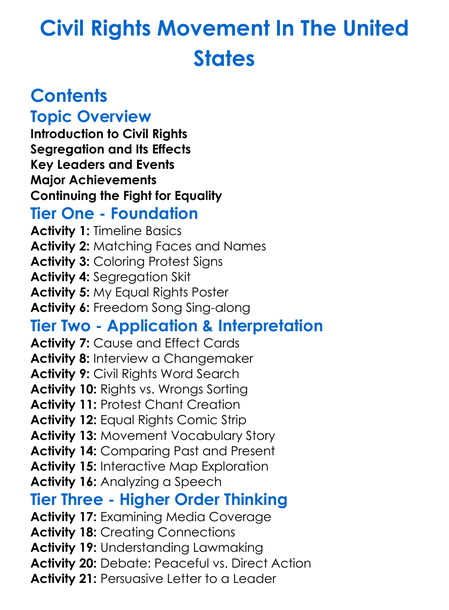Civil Rights Movement In The United States Worksheet Activity Booklet