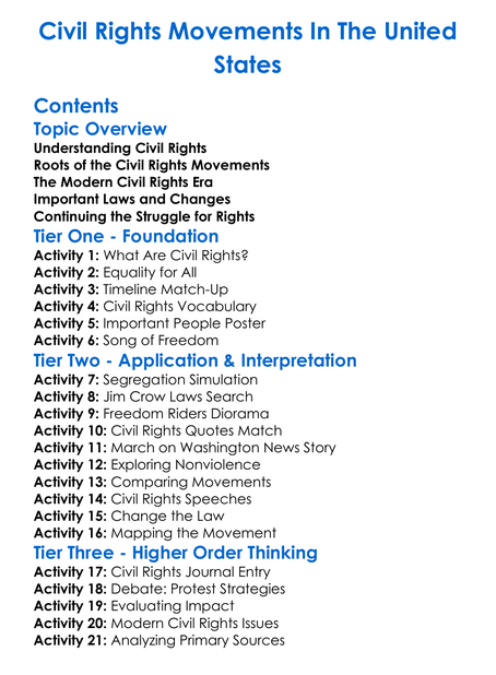 Civil Rights Movements In The United States Worksheet Activity Booklet