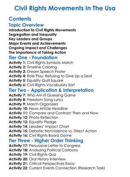 Civil Rights Movements In The Usa Worksheet Activity Booklet
