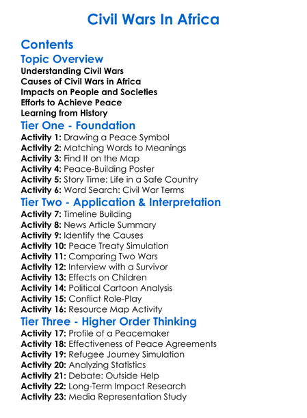 Civil Wars In Africa Worksheet Activity Booklet
