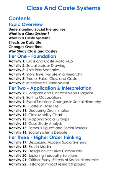 Class And Caste Systems Worksheet Activity Booklet