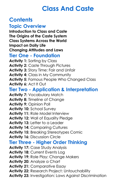 Class And Caste Worksheet Activity Booklet