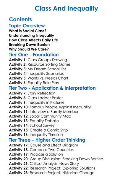 Class And Inequality Worksheet Activity Booklet