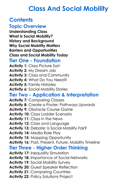 Class And Social Mobility Worksheet Activity Booklet