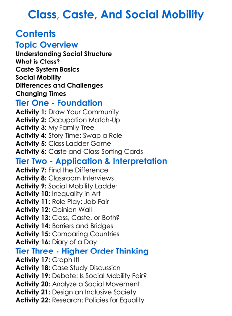 Class Caste And Social Mobility Worksheet Activity Booklet