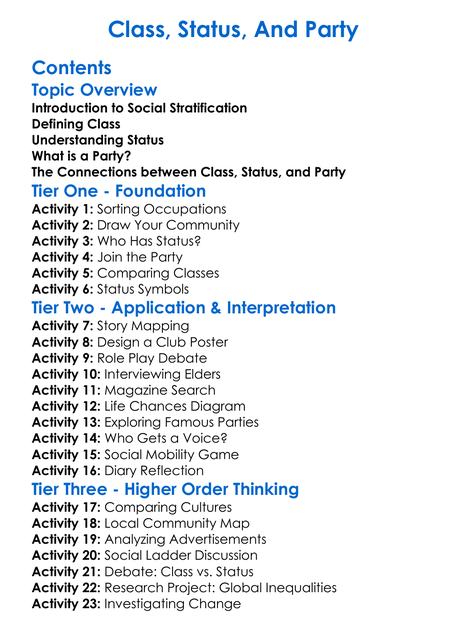 Class Status And Party Worksheet Activity Booklet