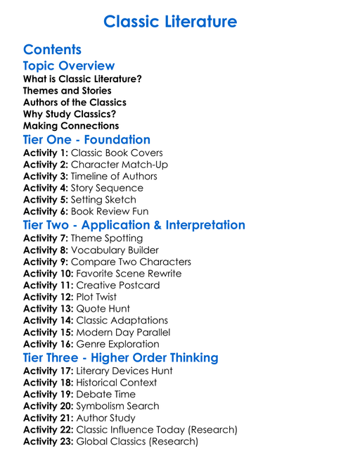 Classic Literature Worksheet Activity Booklet