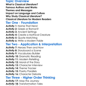 Classical Literature Worksheet Activity Booklet