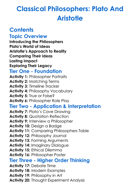 Classical Philosophers Plato And Aristotle Worksheet Activity Booklet