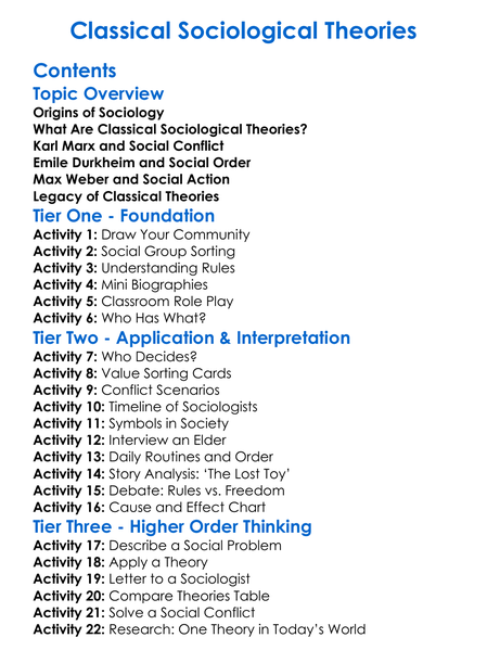 Classical Sociological Theories Worksheet Activity Booklet