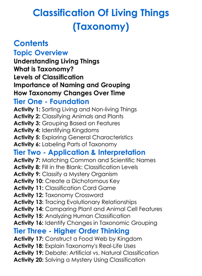 Classification Of Living Things Taxonomy Worksheet Activity Booklet