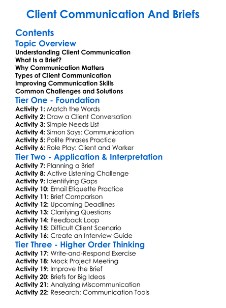 Client Communication And Briefs Worksheet Activity Booklet