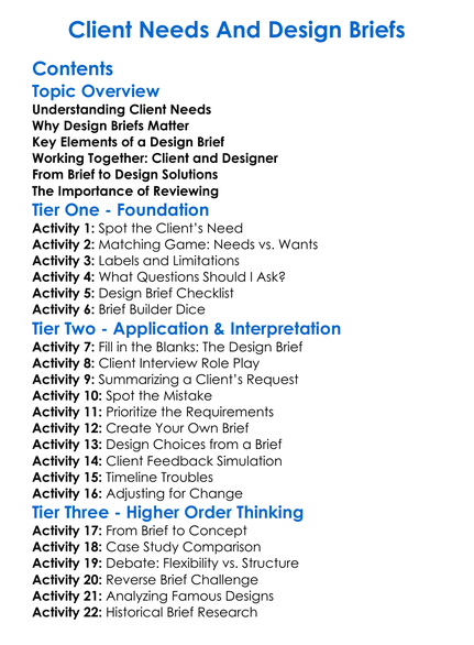 Client Needs And Design Briefs Worksheet Activity Booklet