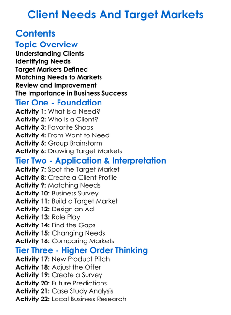 Client Needs And Target Markets Worksheet Activity Booklet