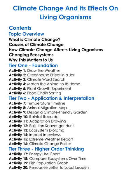 Climate Change And Its Effects On Living Organisms Worksheet Activity Booklet