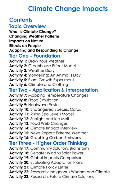 Climate Change Impacts Worksheet Activity Booklet
