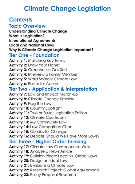 Climate Change Legislation Worksheet Activity Booklet