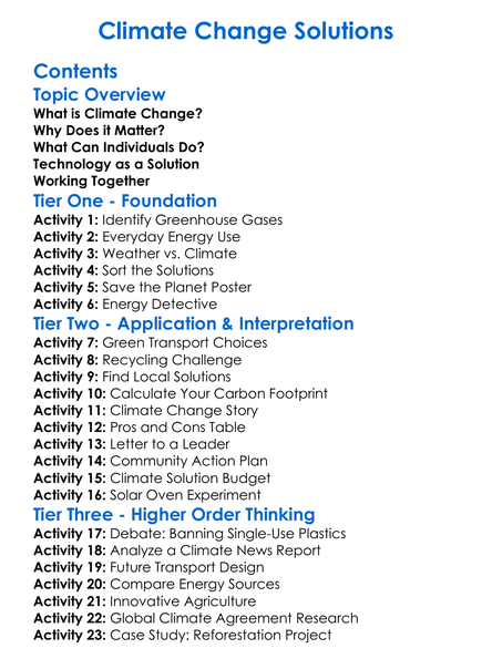 Climate Change Solutions Worksheet Activity Booklet