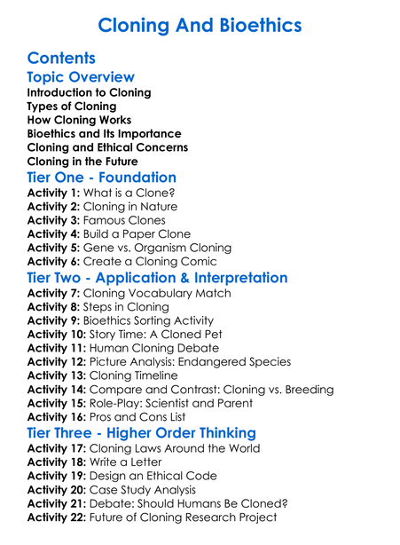 Cloning And Bioethics Worksheet Activity Booklet