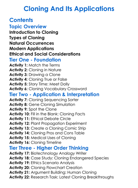 Cloning And Its Applications Worksheet Activity Booklet