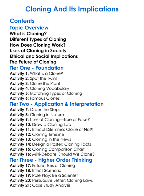 Cloning And Its Implications Worksheet Activity Booklet