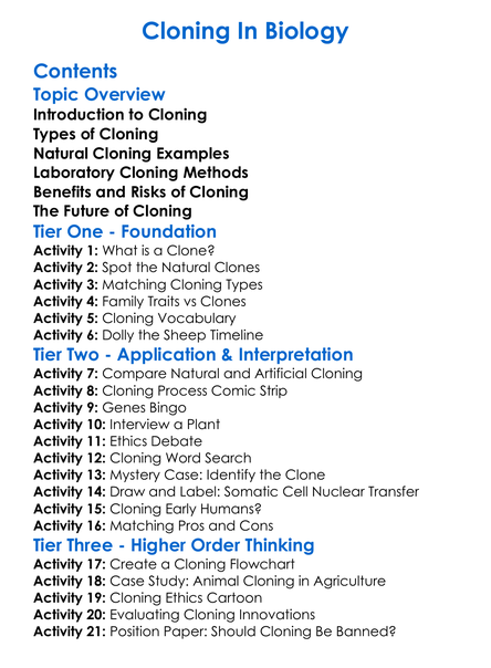 Cloning In Biology Worksheet Activity Booklet