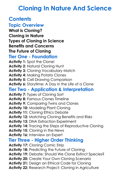 Cloning In Nature And Science Worksheet Activity Booklet