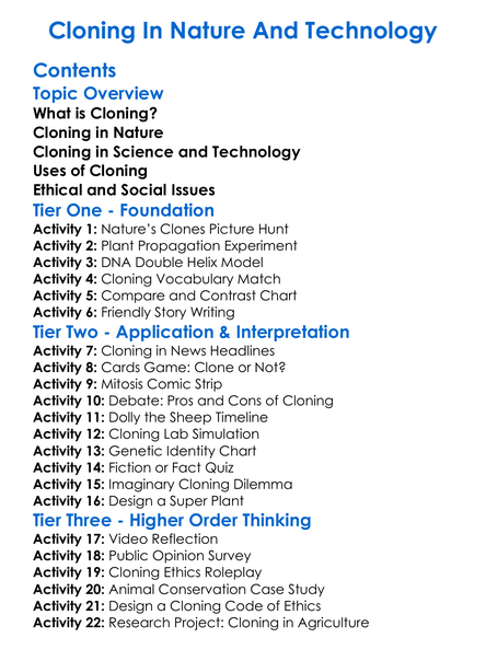 Cloning In Nature And Technology Worksheet Activity Booklet
