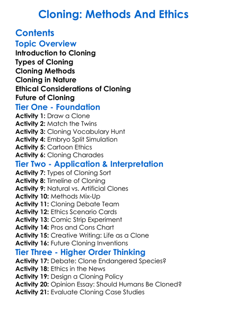 Cloning Methods And Ethics Worksheet Activity Booklet