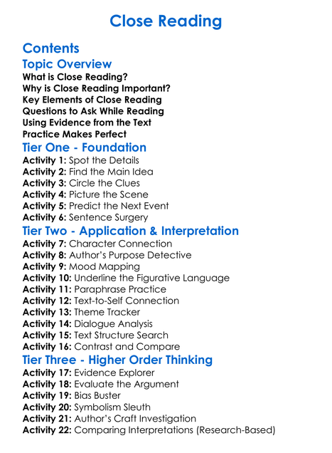 Close Reading Worksheet Activity Booklet