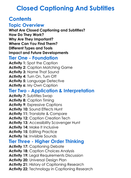 Closed Captioning And Subtitles Worksheet Activity Booklet