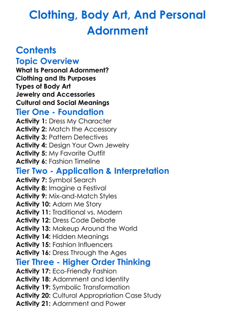 Clothing Body Art And Personal Adornment Worksheet Activity Booklet