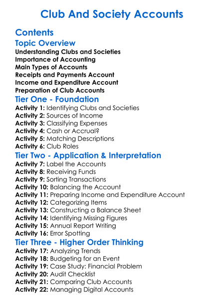 Club And Society Accounts Worksheet Activity Booklet