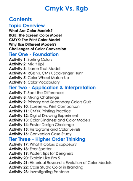 Cmyk Vs Rgb Worksheet Activity Booklet