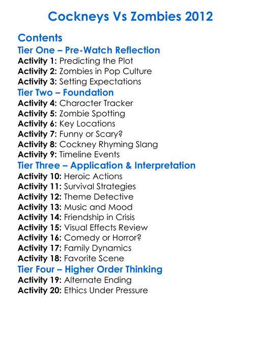 Cockneys Vs Zombies 2012 Worksheet Activity Booklet