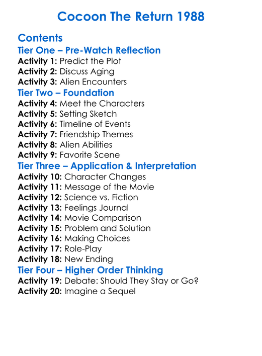 Cocoon The Return 1988 Worksheet Activity Booklet