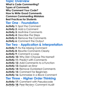 Code Commenting Worksheet Activity Booklet