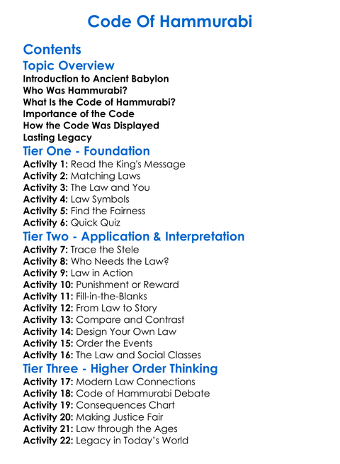 Code Of Hammurabi Worksheet Activity Booklet