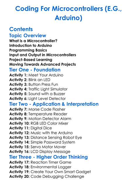 Coding For Microcontrollers Eg Arduino Worksheet Activity Booklet