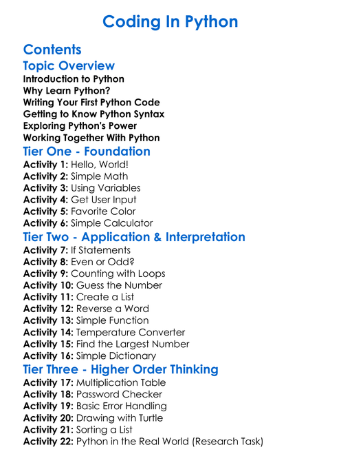 Coding In Python Worksheet Activity Booklet