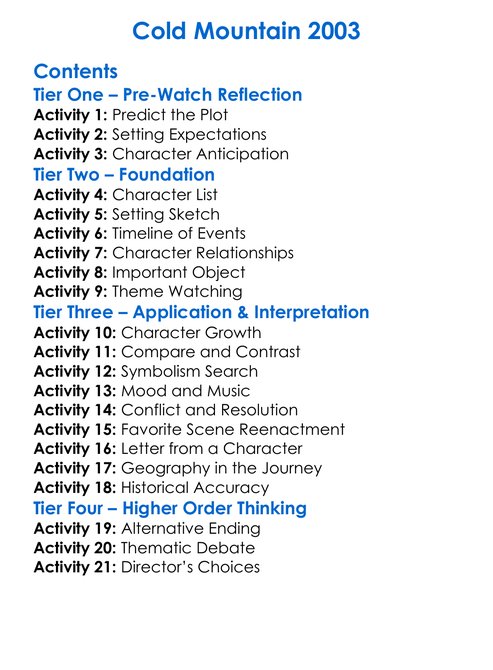 Cold Mountain 2003 Worksheet Activity Booklet