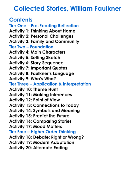 Collected Stories William Faulkner Worksheet Activity Booklet